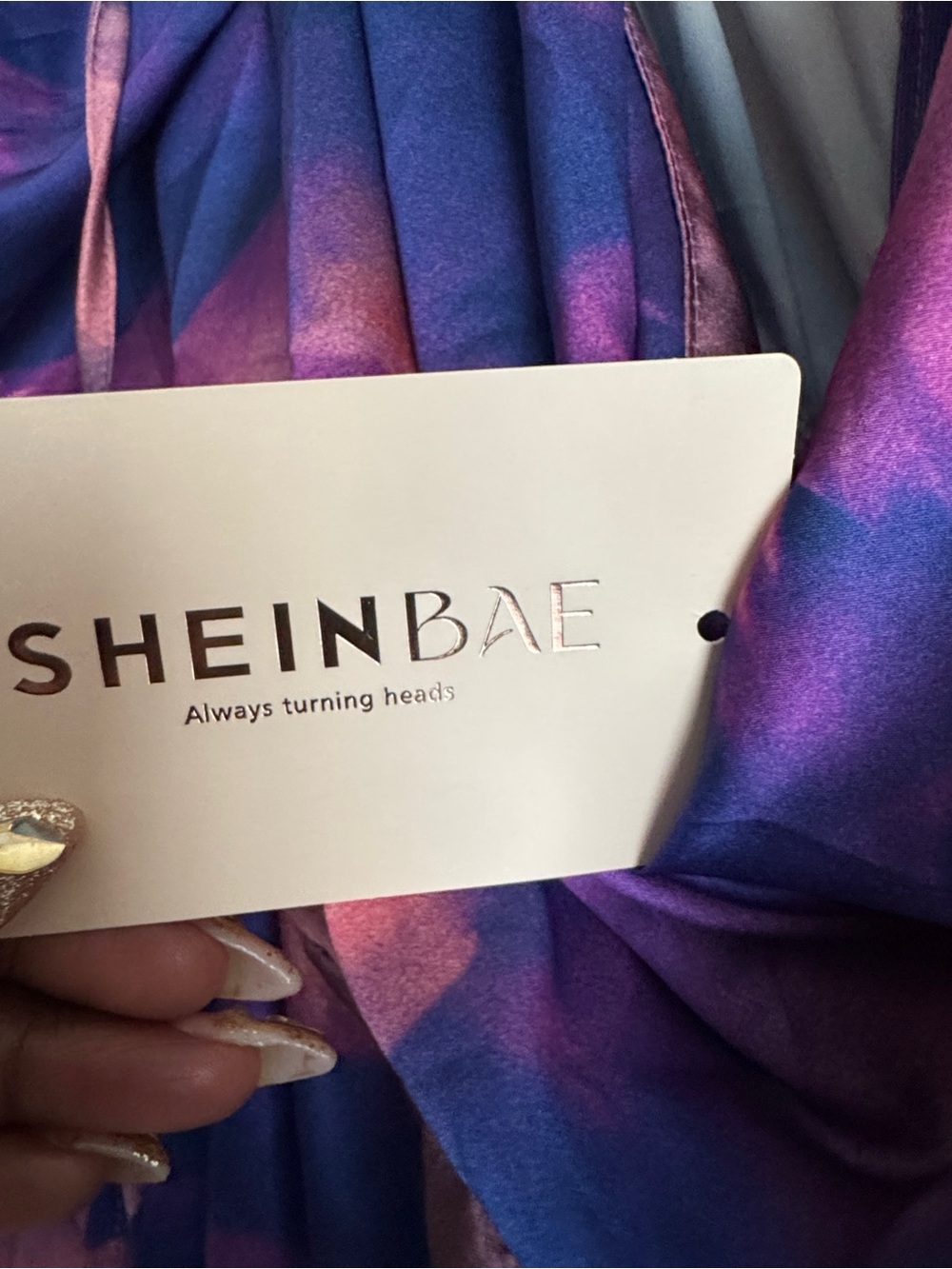 SHEIN Purple and Orange Tie-Dye Satin Ruched Midi Dress - Picture 2 of 3